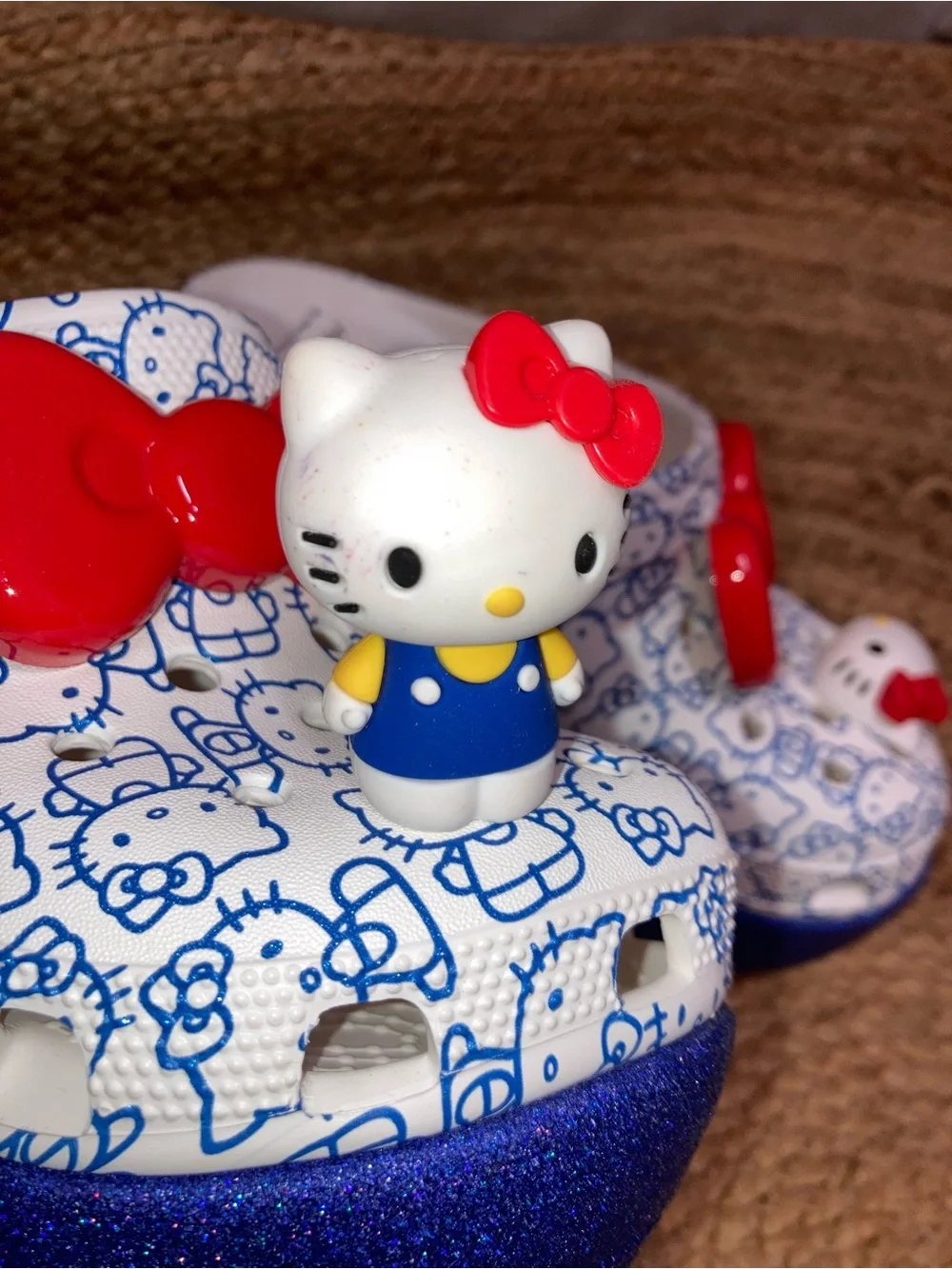 CROCS White & Blue Hello Kitty Platform Clogs with Red Bow Charm